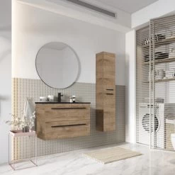 Atlantic Badmeubelset Stella Met Spiegel En Zwarte Wastafel 80cm Canela Eiken -Badkamer Verkoop 123 117