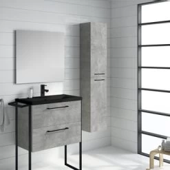 Atlantic Badmeubelset Sienna Met Spiegel En Zwarte Wastafel 80cm Beton -Badkamer Verkoop 123 157