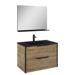 Atlantic Badmeubelset Aria met Spiegel En Zwarte Wastafel 80cm Canela Eiken